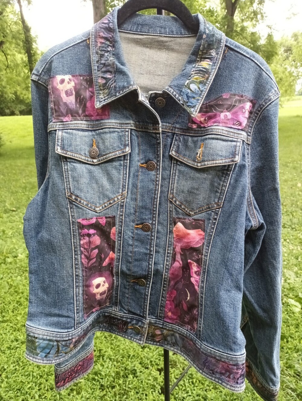 Dark Cottagecore Denim Jacket Moth Mushroom Skull Jacket Handmade Boho Size Med